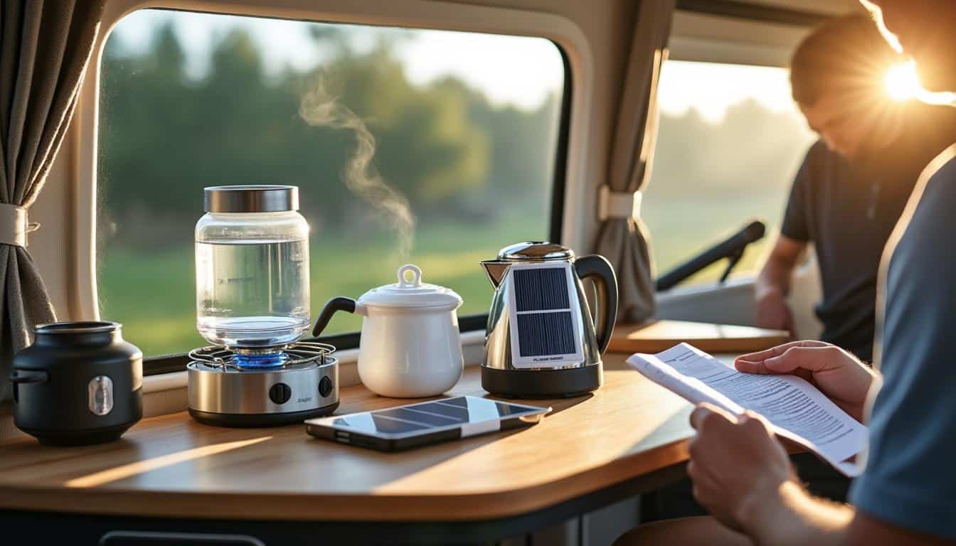 Illustration: Les différents types de chauffe-eau pour camping-car : gaz, électrique, solaire et instantané