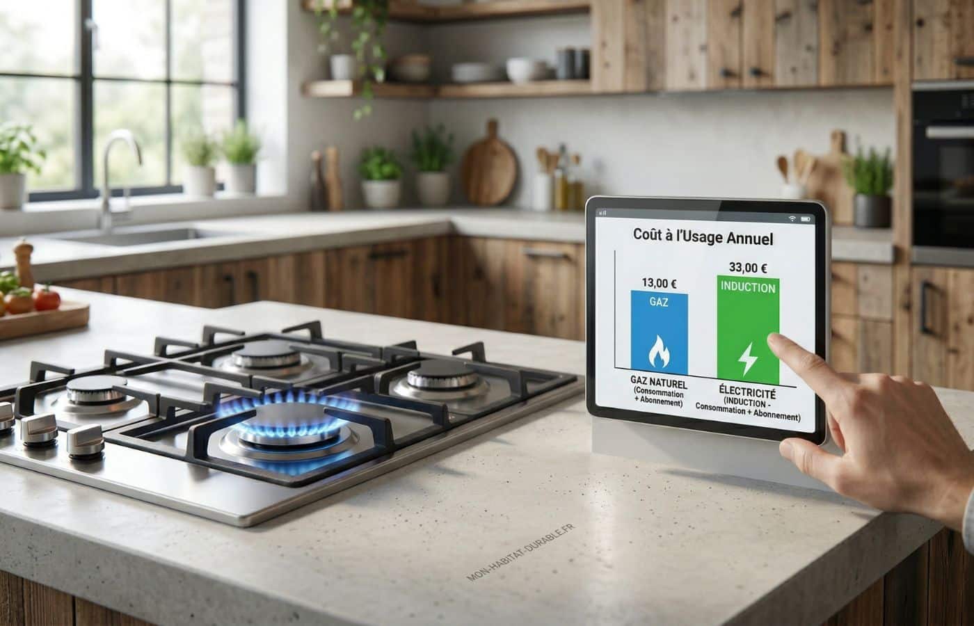 Plaque de cuisson au gaz inox allumée avec pot, dans une cuisine moderne épurée et lumineuse.